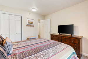 Bedroom with carpet, a closet, and a textured ceiling