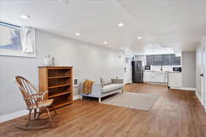 Living room with sink and light hardwood / wood-style floors