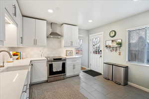 Kitchen with sink, wall chimney range hood, electric range, white cabinets, and decorative backsplash