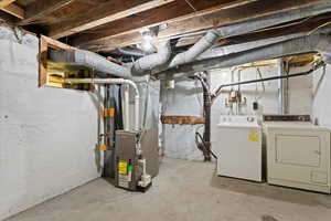 Basement with heating unit and washing machine and dryer