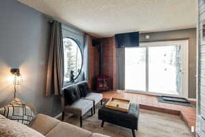 Living area featuring hardwood / wood-style flooring, a textured ceiling, and a wood stove