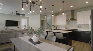 Kitchen featuring pendant lighting, white cabinets, black gas stovetop, a center island with sink, and wall chimney exhaust hood