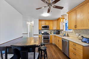 Kitchen with sink, dark hardwood / wood-style flooring, decorative backsplash, stainless steel appliances, and a textured ceiling