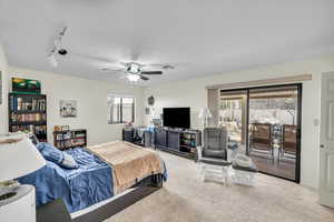 Bedroom featuring multiple windows, access to exterior, carpet floors, and ceiling fan