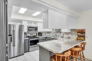 Kitchen featuring a breakfast bar, sink, gray cabinets, kitchen peninsula, and stainless steel appliances