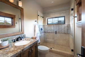 Bathroom with vanity, toilet, tile patterned floors, and walk in shower