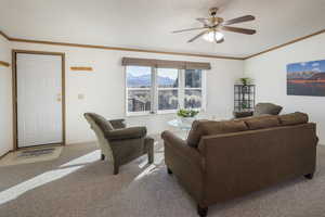 Living room featuring ornamental molding, a mountain view, carpet, and a textured ceiling