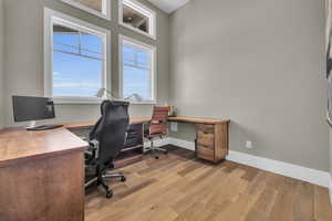 Home office with light hardwood / wood-style flooring