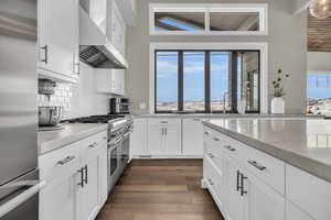 Kitchen with white cabinets, appliances with stainless steel finishes, plenty of natural light, and wall chimney range hood