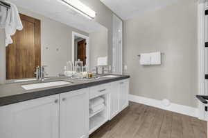 Bathroom with vanity and hardwood / wood-style floors