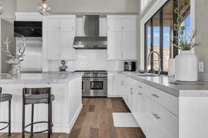 Kitchen featuring sink, white cabinetry, plenty of natural light, premium appliances, and wall chimney exhaust hood