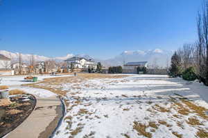 Snowy yard featuring a mountain view