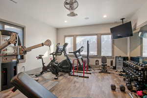 Exercise room with wood-type flooring