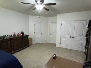 Carpeted bedroom featuring ceiling fan and a closet