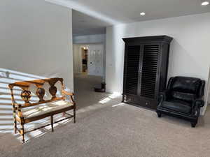 Living area featuring light colored carpet