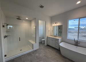 Full bathroom with vanity, toilet, and separate shower and tub