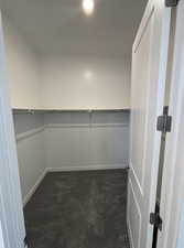 Spacious closet with dark colored carpet