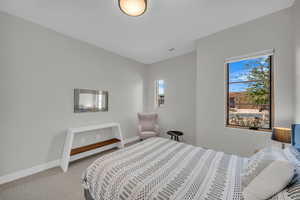 Bedroom with light colored carpet