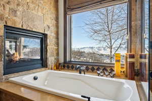 Bathroom featuring a mountain view and a washtub