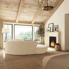 Primary bedroom sitting area featuring lofted ceiling with beams, carpet, and wooden ceiling