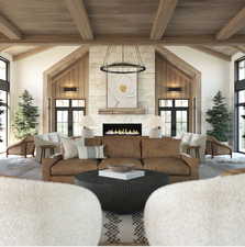 Living room with french doors, beam ceiling, wood ceiling, high vaulted ceiling, and a fireplace