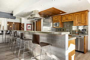 Kitchen featuring built in appliances, sink, a breakfast bar, and island exhaust hood