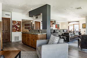 Living room featuring sink, a textured ceiling, and dark hardwood / wood-style flooring