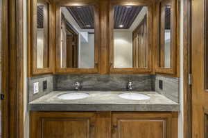 Bathroom featuring vanity and backsplash