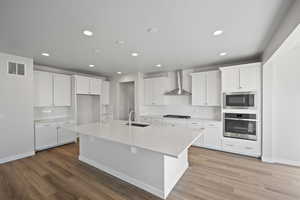 Kitchen with sink, stainless steel oven, an island with sink, wall chimney range hood, and white cabinets