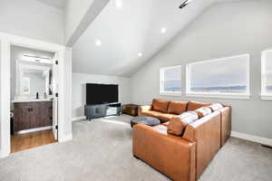 Carpeted living room featuring vaulted ceiling