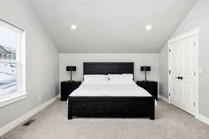 Carpeted bedroom with lofted ceiling and multiple windows