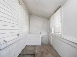 Spacious closet featuring lofted ceiling and carpet flooring