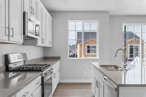 Kitchen with stainless steel appliances, sink, white cabinets, and light wood-type flooring