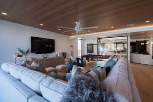 Living room with hardwood / wood-style flooring, billiards, ceiling fan, and wooden ceiling