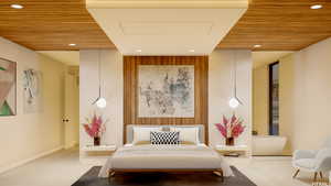 Living area with wood ceiling