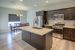 Kitchen featuring appliances with stainless steel finishes, pendant lighting, an island with sink, sink, and dark brown cabinets