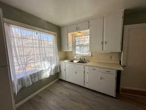 Kitchen with white cabinetry, sink, decorative backsplash, and wood-type flooring