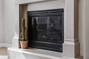 Detailed view of a glass covered fireplace and baseboards