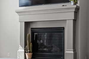 Detailed view of a glass covered fireplace