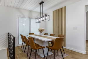 Dining area featuring wooden ceiling and light wood-type flooring