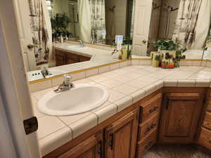 Bathroom with a shower with curtain and vanity