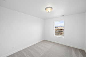 Carpeted spare room with a textured ceiling