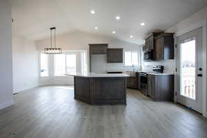 Kitchen with appliances with stainless steel finishes, lofted ceiling, hanging light fixtures, a center island, and light wood-type flooring