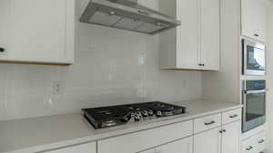 Kitchen with white cabinetry, wall chimney exhaust hood, stainless steel appliances, and backsplash