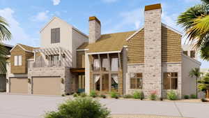 View of front of home with a pergola, a garage, and a balcony