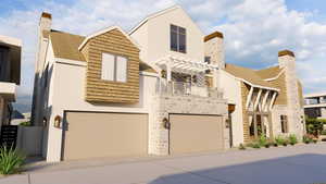 View of front of house with a garage, a pergola, and a balcony