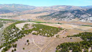 Aerial view of property and surrounding area featuring rural landscape and a mountainous background