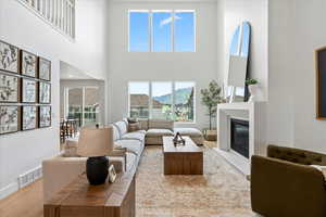 Living room with light hardwood / wood-style floors