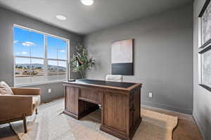 Carpeted office with a mountain view