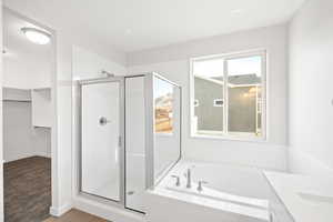 Bathroom featuring vanity and independent shower and bath